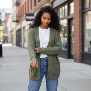 Mossimo Women’s Green Cardigan Sweater, Open Front With Pockets Size Medium